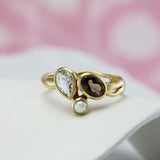 Smoky Quartz, Green Amethyst and Pearl Gold Ring