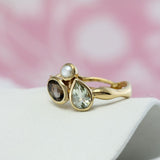Smoky Quartz, Green Amethyst and Pearl Gold Ring