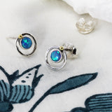 Handmade Dainty Fire Opal Stud Earrings with Brass Pip Detail
