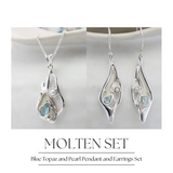 Blue Topaz and Pearl Molten Pendant and Earrings Set