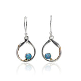 Handmade Circular Silver Blue Fire Opal Earrings with 14kt Gold Details