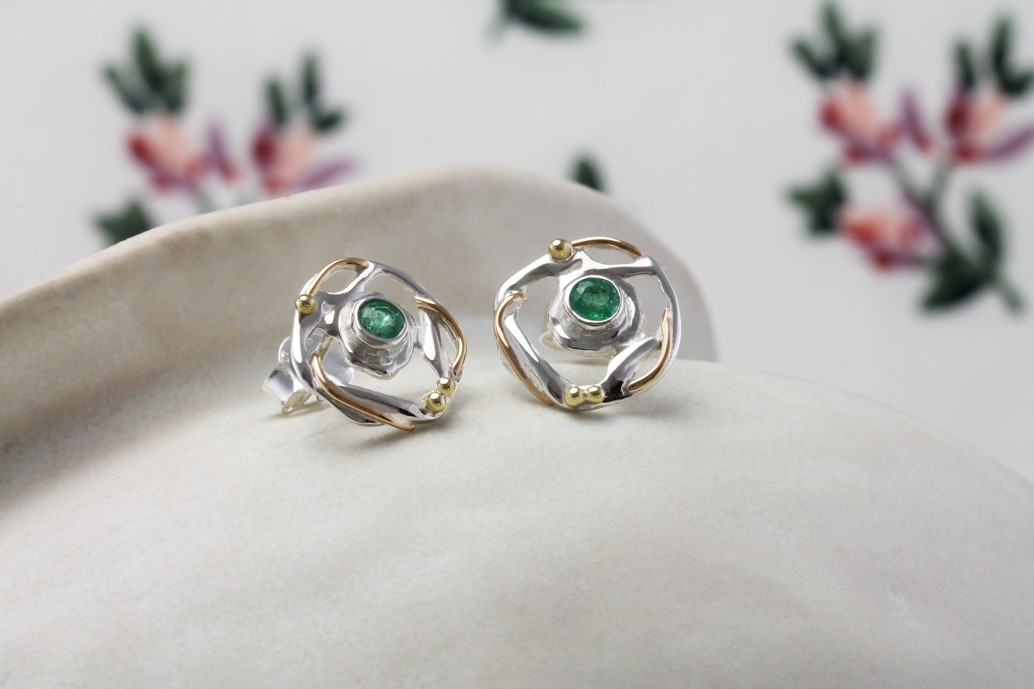 Emerald Stud Silver Earrings