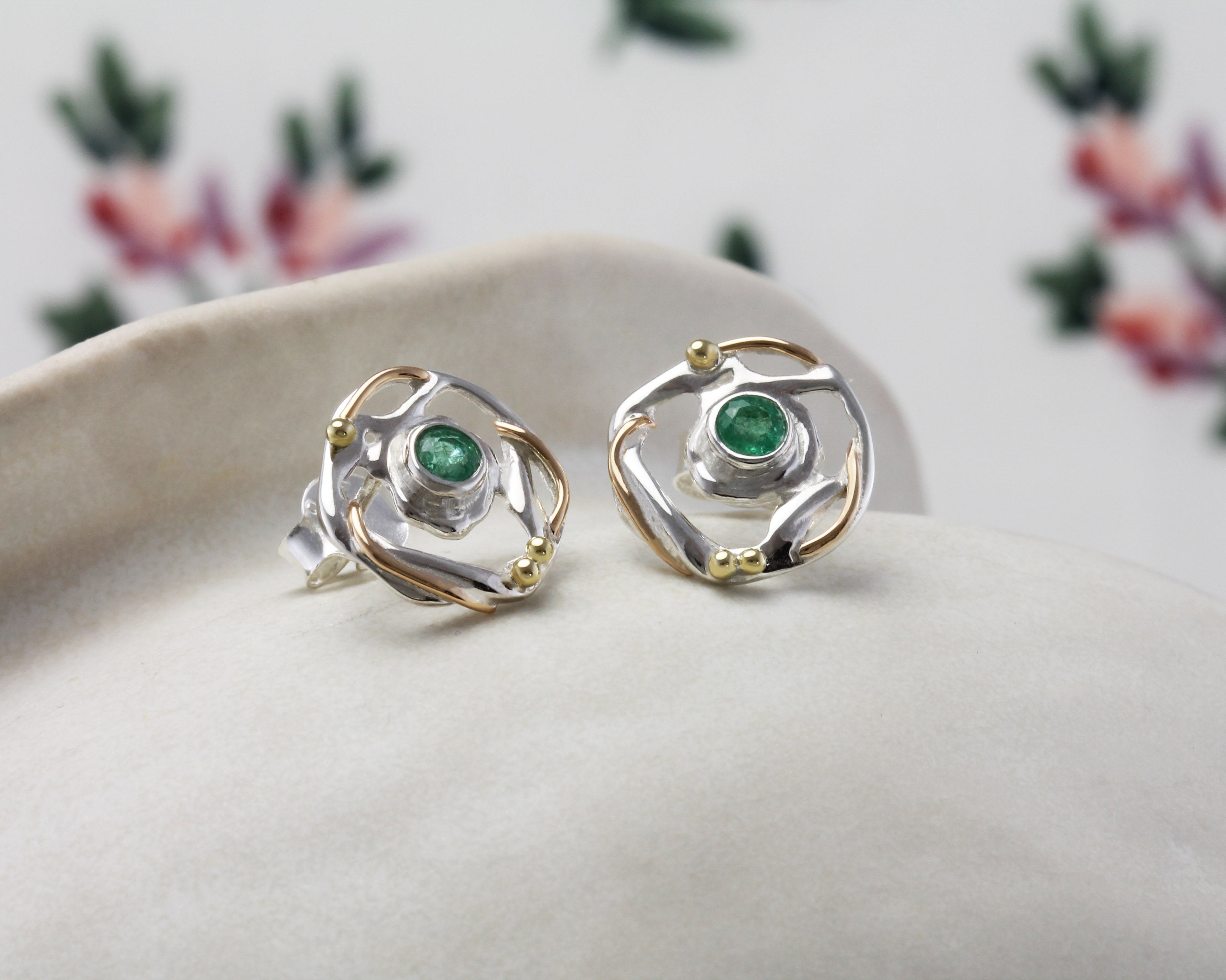 Emerald Stud Silver Earrings