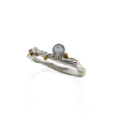 Flower silver ring with Faceted Rainbow Moonstone and Gold Details