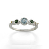 Blue Topaz and Green Tourmaline Sterling Silver Handmade Ring with Flower Detail