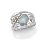 Rainbow Teardrop Moonstone Ring enhanced with 14ct gold detailing.