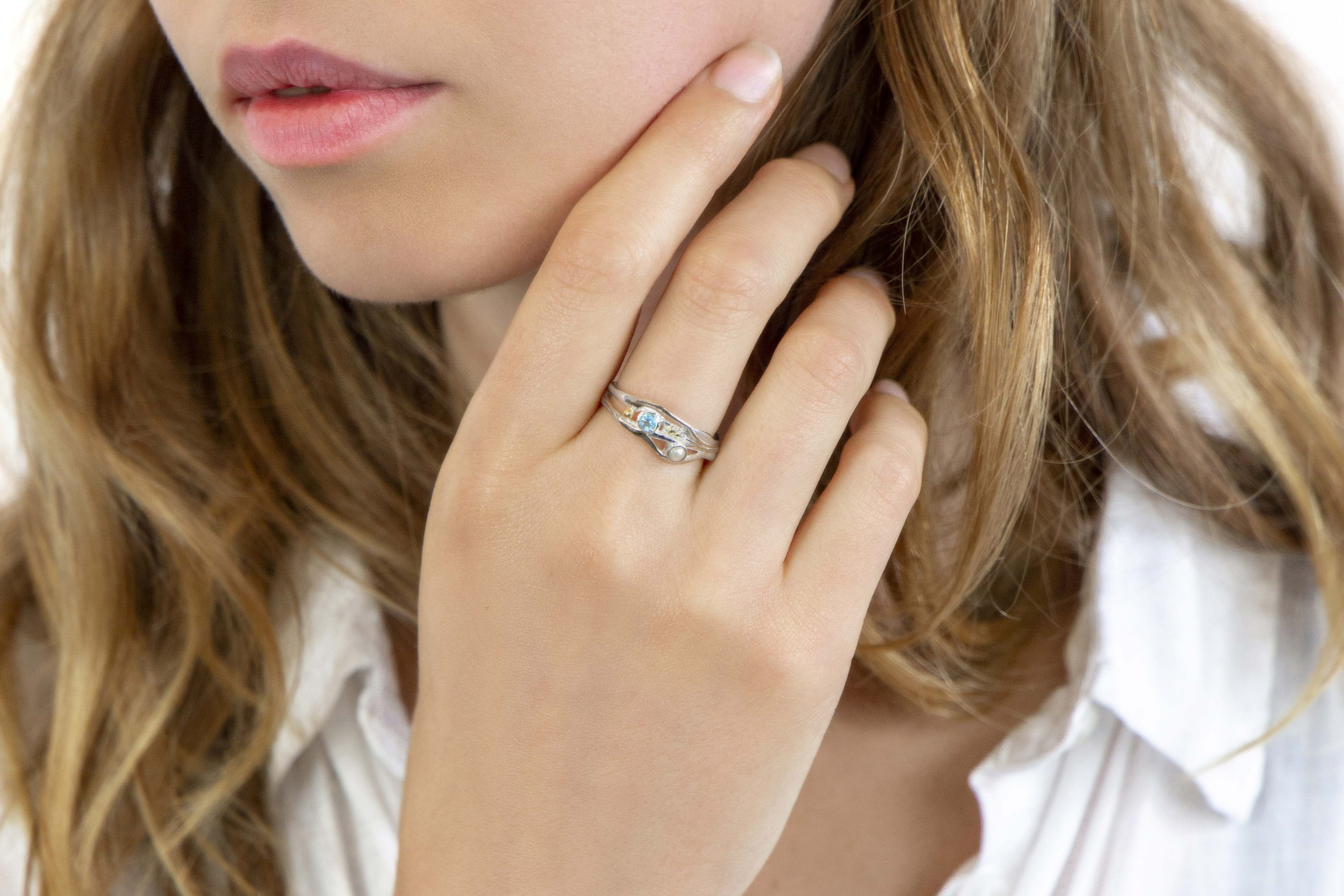 pearl and blue topaz silver ring