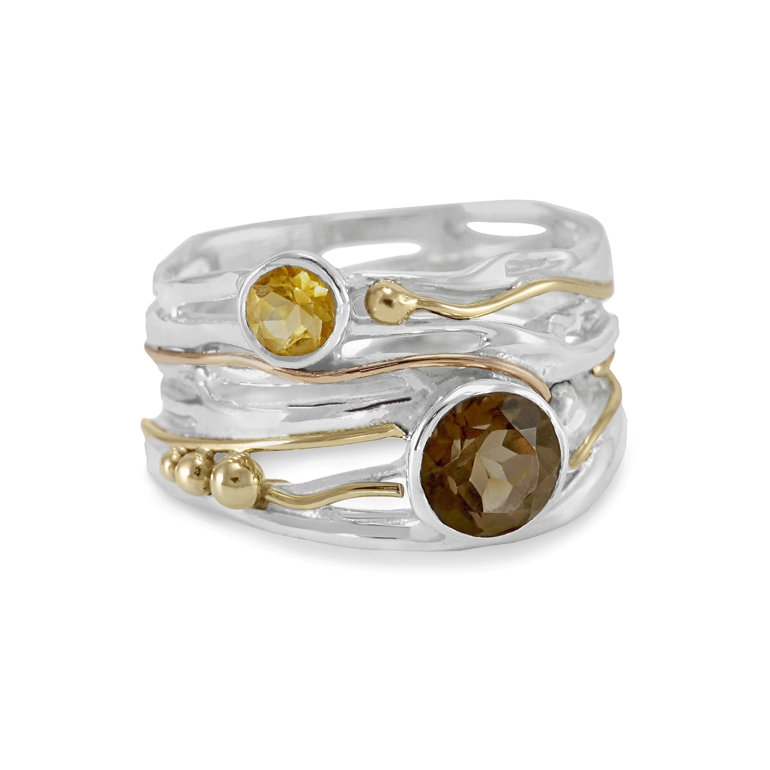 Smoky Quartz & Citrine Ring in Sterling Silver with Gold Details