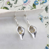 Handmade Elegant Silver Lily Drop Earrings with 14kt Gold Details