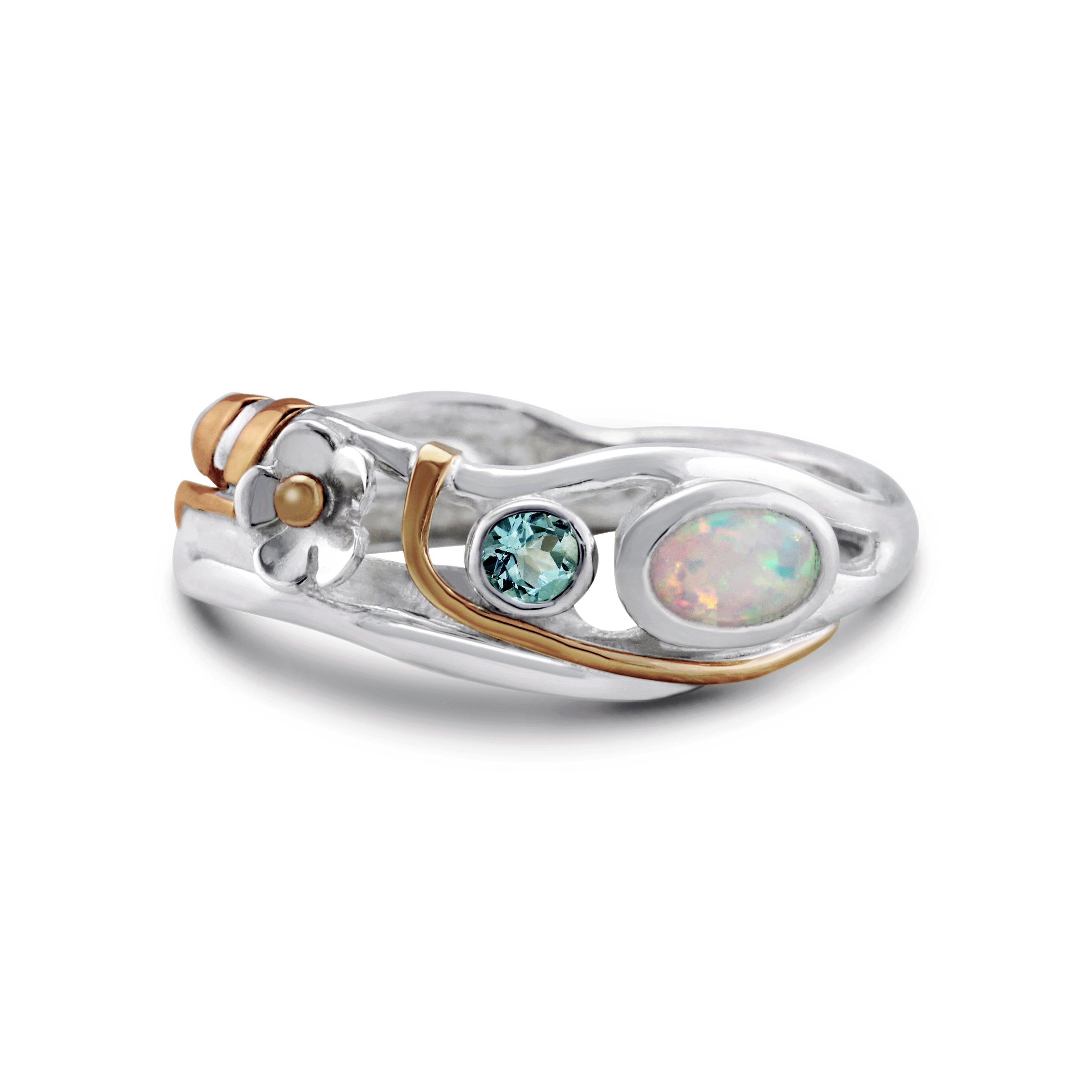 Blue Topaz & Opal Ring in Sterling Silver with Gold Details