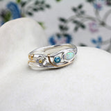 Blue Topaz and White Opal Flower Ring