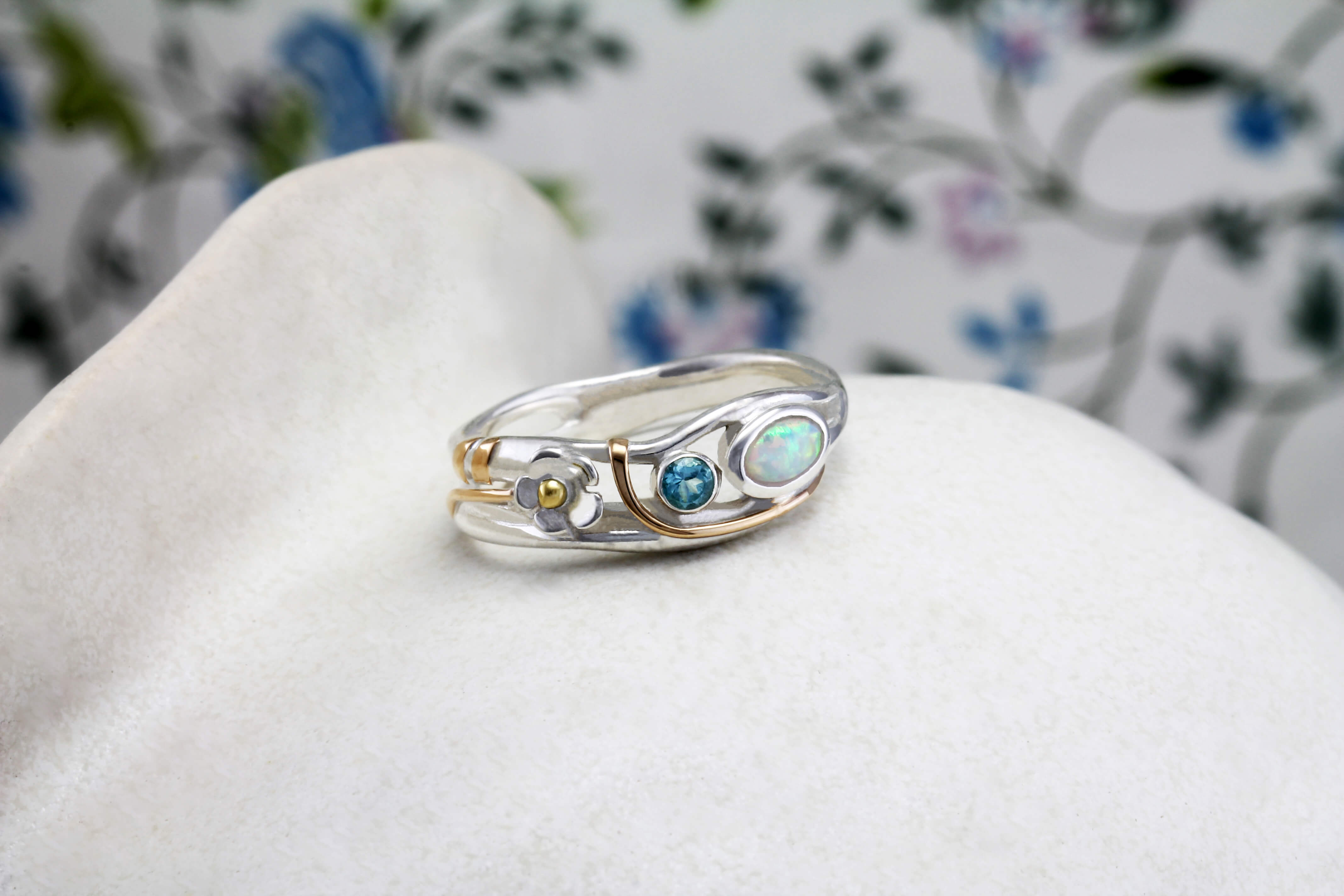 Blue Topaz and White Opal Flower Ring