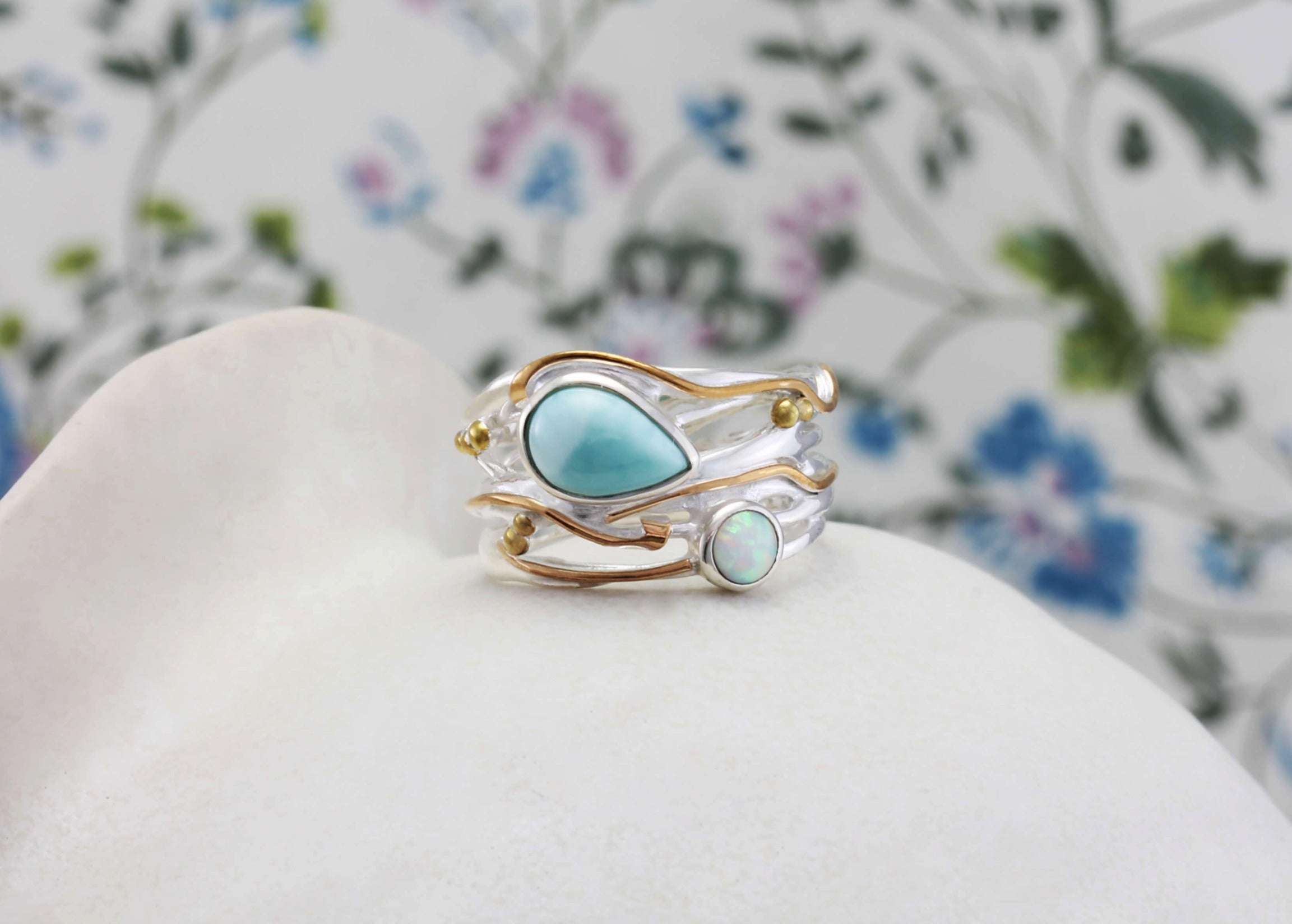 Blue Larimar and White Opal Ring