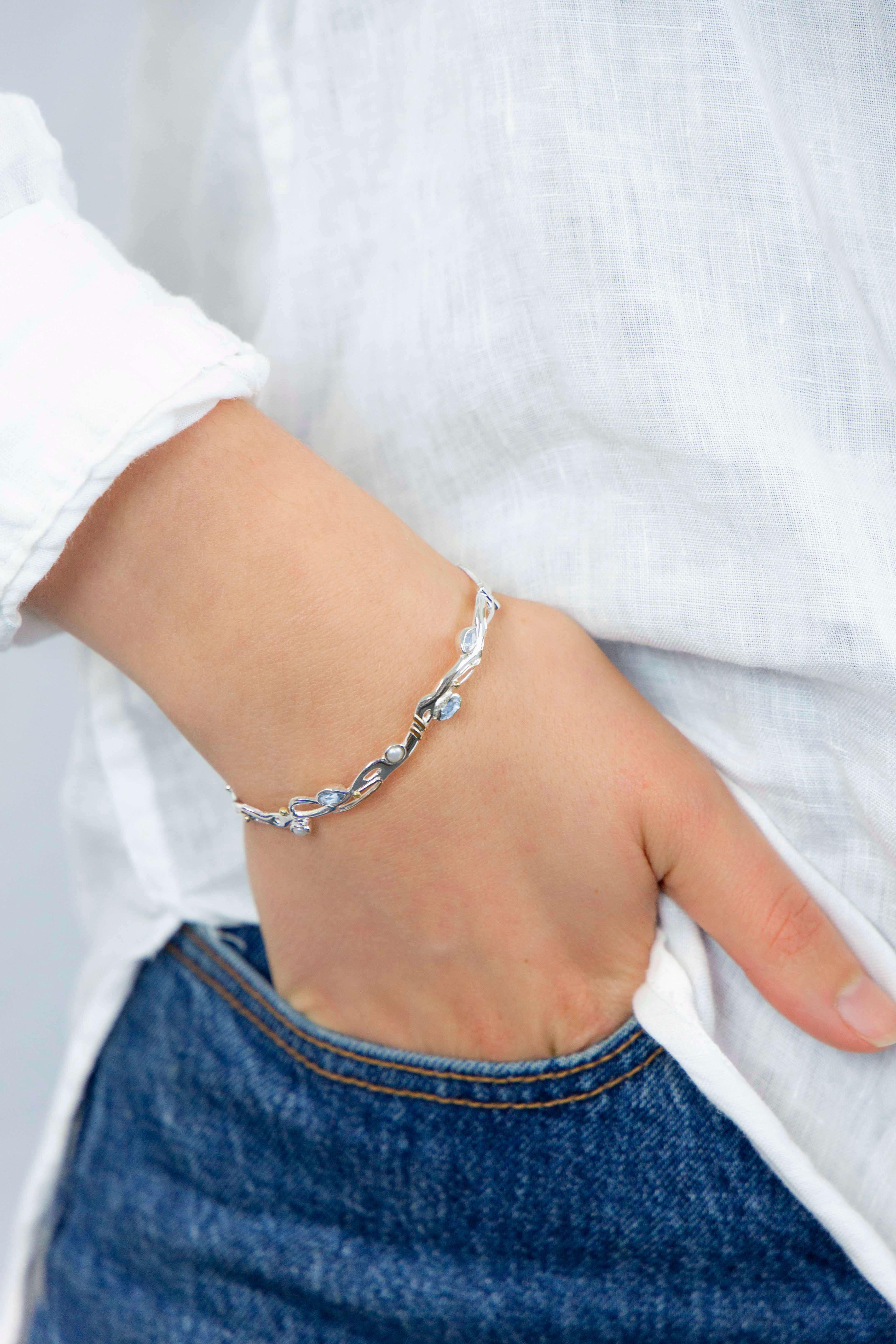 Blue Topaz and Pearl Silver Bangle